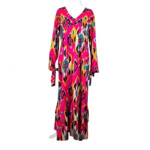 La Plage Tiered Maxi Dress Long‎ Sleeve Flowy Brushstroke Paint Pink Medium BNC3